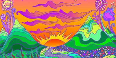Colorful, abstract painting of a sunset suggesting the effect of phychedellic drugs and machine leaning