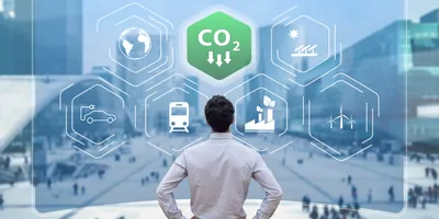 Man with back to camera looking a holigraphic screen of green energy initiatives
