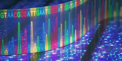DNA extraction and coding data on a dark background