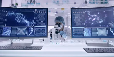 Female researcher in PPE Looking down microscop in lab next to computers