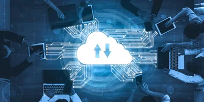 Artists rendering of people sharing data through the cloud