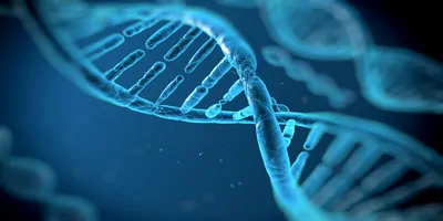 A CGI of a DNA strand on a blue background