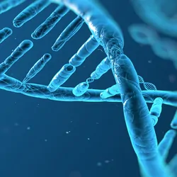 A CGI of a DNA strand on a blue background
