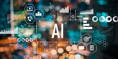 Representation of artificial intelligence over a blurred city background