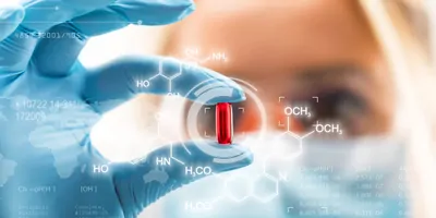 A scientist in a pharma lab holding a pill that used water HPLC