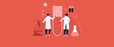 illustration of scientists, microscope, beakers