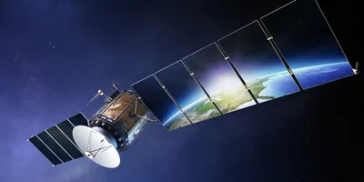 A satellite with solar cells exposed to the sun