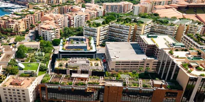 A sunny city with greenery on their rooftops