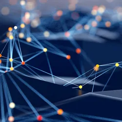 Abstract background of spheres and wire-frame landscape