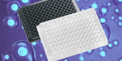 A white and black microplate on a purple background