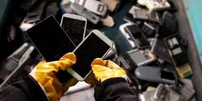 Gloved hands holding smart phones that are being sent to be recycled