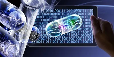 A computer generated image of a pill over a tablet with binary code on it