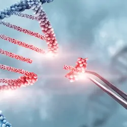 Computer image of DNA with tweezers replacing a piece