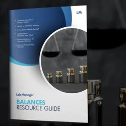 a photo of the balances resource guide ebook cover on top of a photo of lab balances and weighing devices