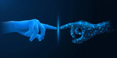 Computer image of two human fingers touching, one fully rendered the other a vector abstract