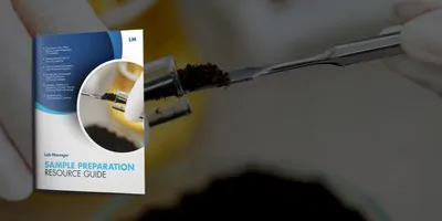 a photo of the cover of the sample prep resource guide ebook overlayed onto a scientist in a lab extracting a sample