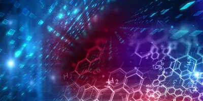 Abstract image of chemical equations and molecular drawings