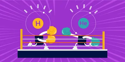 a cartoon of hydrogen and helium chemical elements fighting in a boxing ring