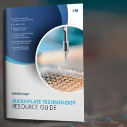 a photo of the cover of the microplate technology resource guide overlayed on top of a photo of an automated liquid handler dropping liquid into a microplate