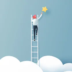 Illustration of man climbing ladder to reach for a star