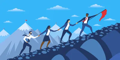 Vector image of a person leading their team up a mountain