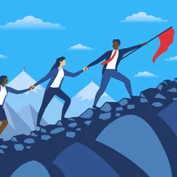 Vector image of a person leading their team up a mountain