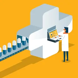 Conceptual art of pills on a conveyor belt emerging from a machine