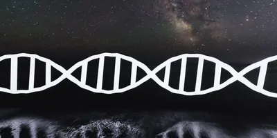DNA strand in white over a background picture of the universe