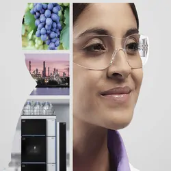 a photo of a scientist made up of smaller photos of hplc work in the lab