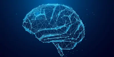 Low poly brain or Artificial intelligence concept, blue tint
