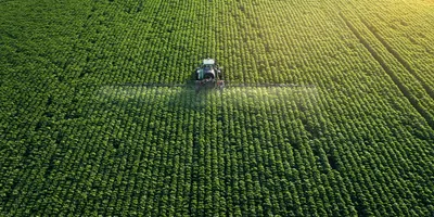 Drone point of view of a Tractor spraying on a cultivated field