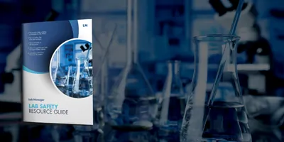 lab beakers and microscopes on a lab bench and the cover of the lab safety resource guide