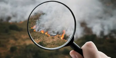 Magnifying glass focusing on a forest fire