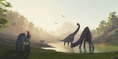 Dinosaurs in the valley at mountains. This is a 3d render illustration