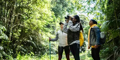 Friends using binoculars in a forest