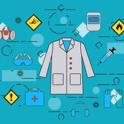 variety of lab safety symbols and icons on blue background