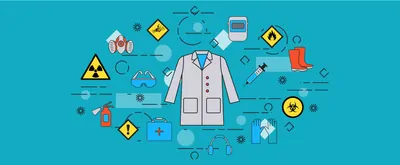 variety of lab safety symbols and icons on blue background