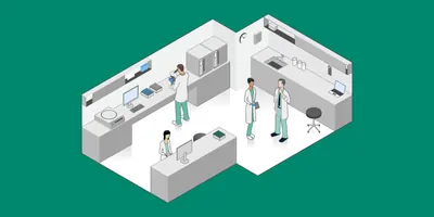 bird's eye view of cartoon scientists working with imaging equipment in a lab