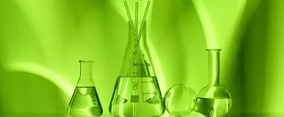 beakers in front of green backdrop
