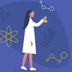 Vector image of young female scientist holding a glass flask on blue background