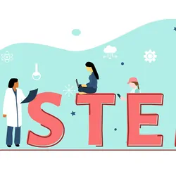 Vector image of the word "STEM" with women researchers around it