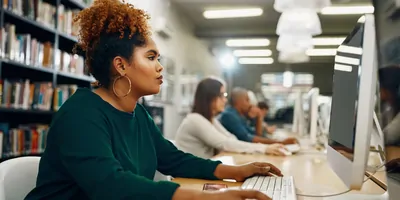 Young adult female sitting in library, working on computer