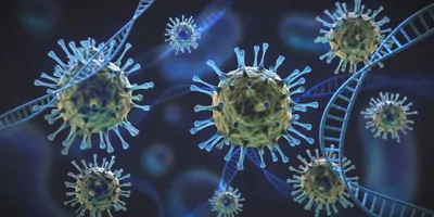 Viruses and DNA strands on blue background