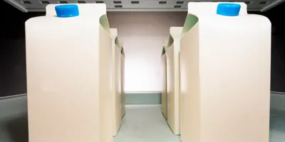 Blank milk cartons lined up in a fridge