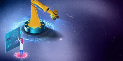 Illustration showing a female researcher controlling a robotic arm