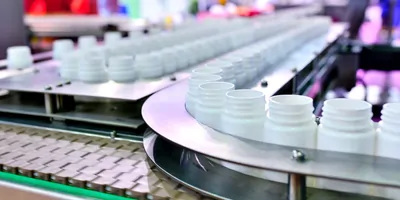 Close-up of pharmaceutical bottling plant production line emphasizing the importance of extractables and leachables testing.