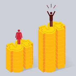 Vector image of woman and man standing on seperate money symbol stacks