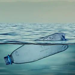 A water bottle floating in the ocean