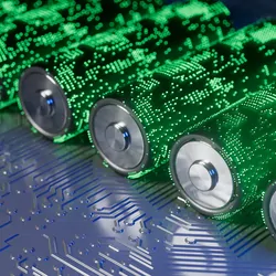 Computer image of batteries made of green light