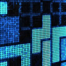 A digital version of Tetris on a blue tinted screen